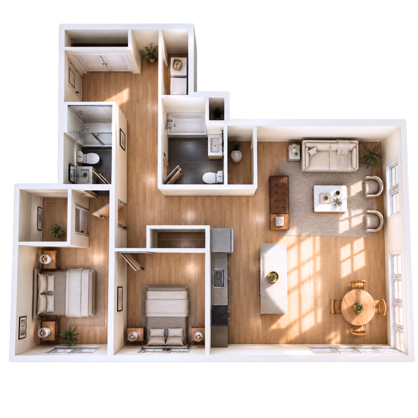 3D floor plan of an apartment with two bedrooms, two bathrooms, a kitchen island, living area with couch and chairs, and a round dining table.
