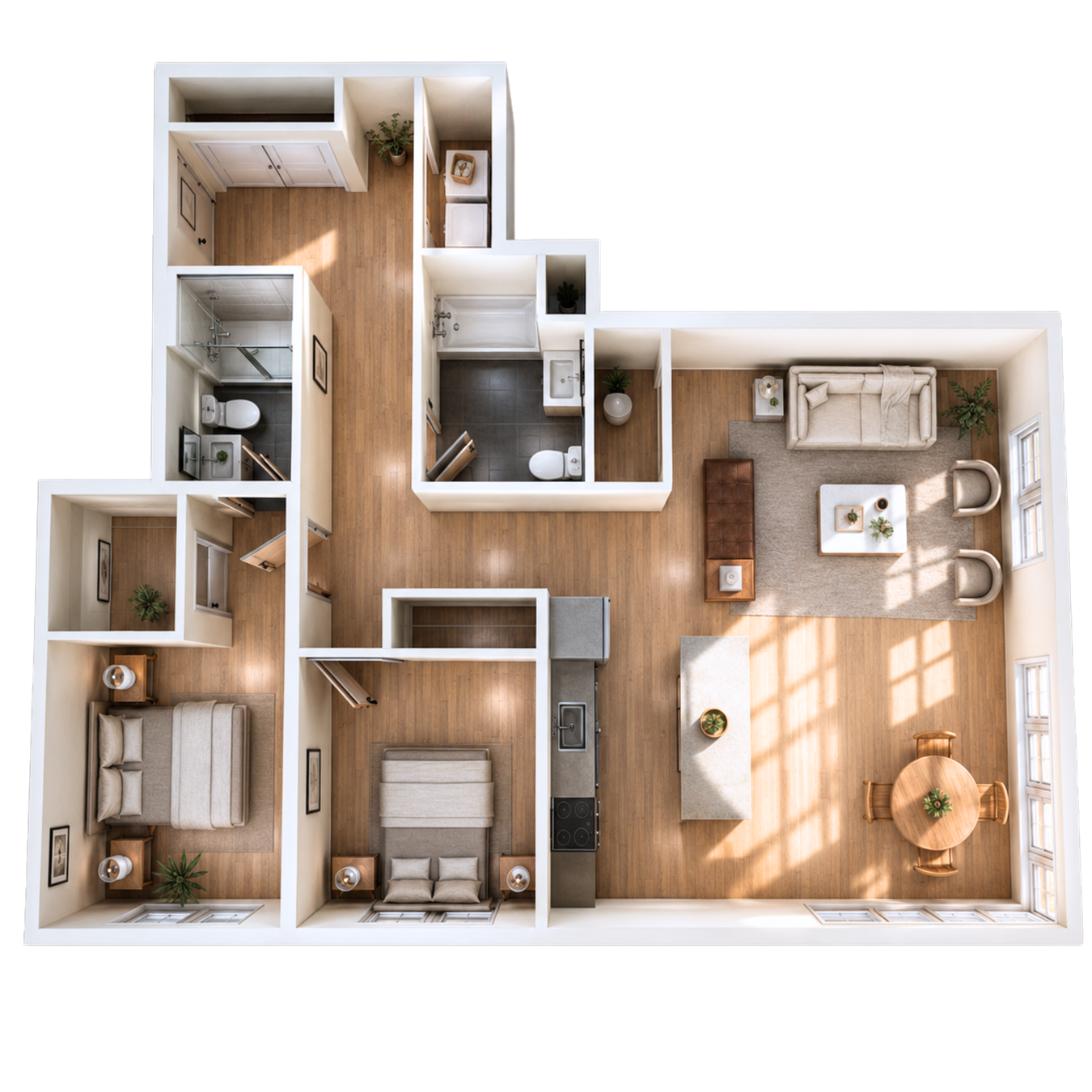 3D floor plan of an apartment with two bedrooms, two bathrooms, a kitchen island, living area with couch and chairs, and a round dining table.