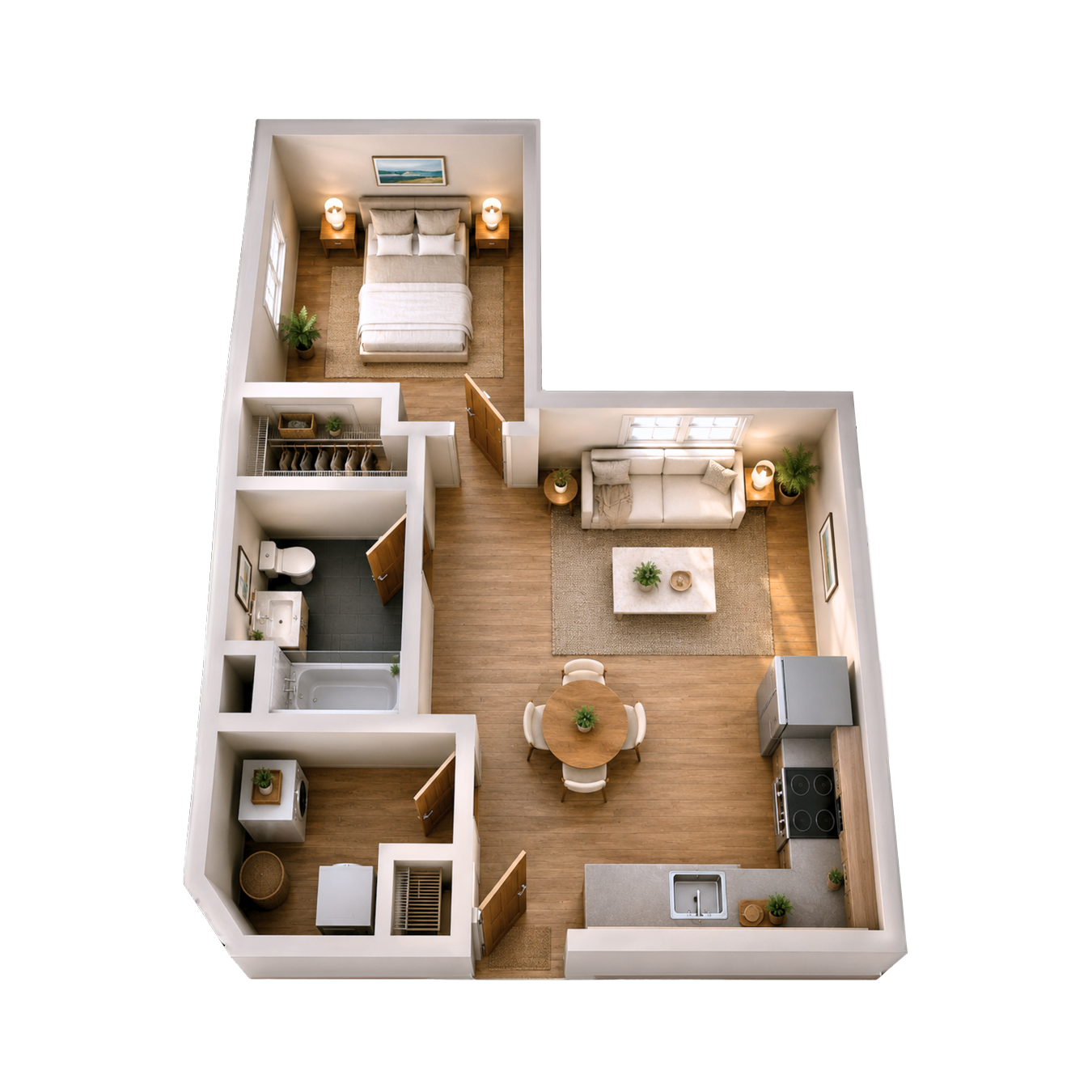 Top-down 3D floor plan of a one-bedroom apartment with a kitchen, living room, bedroom, and bathroom.