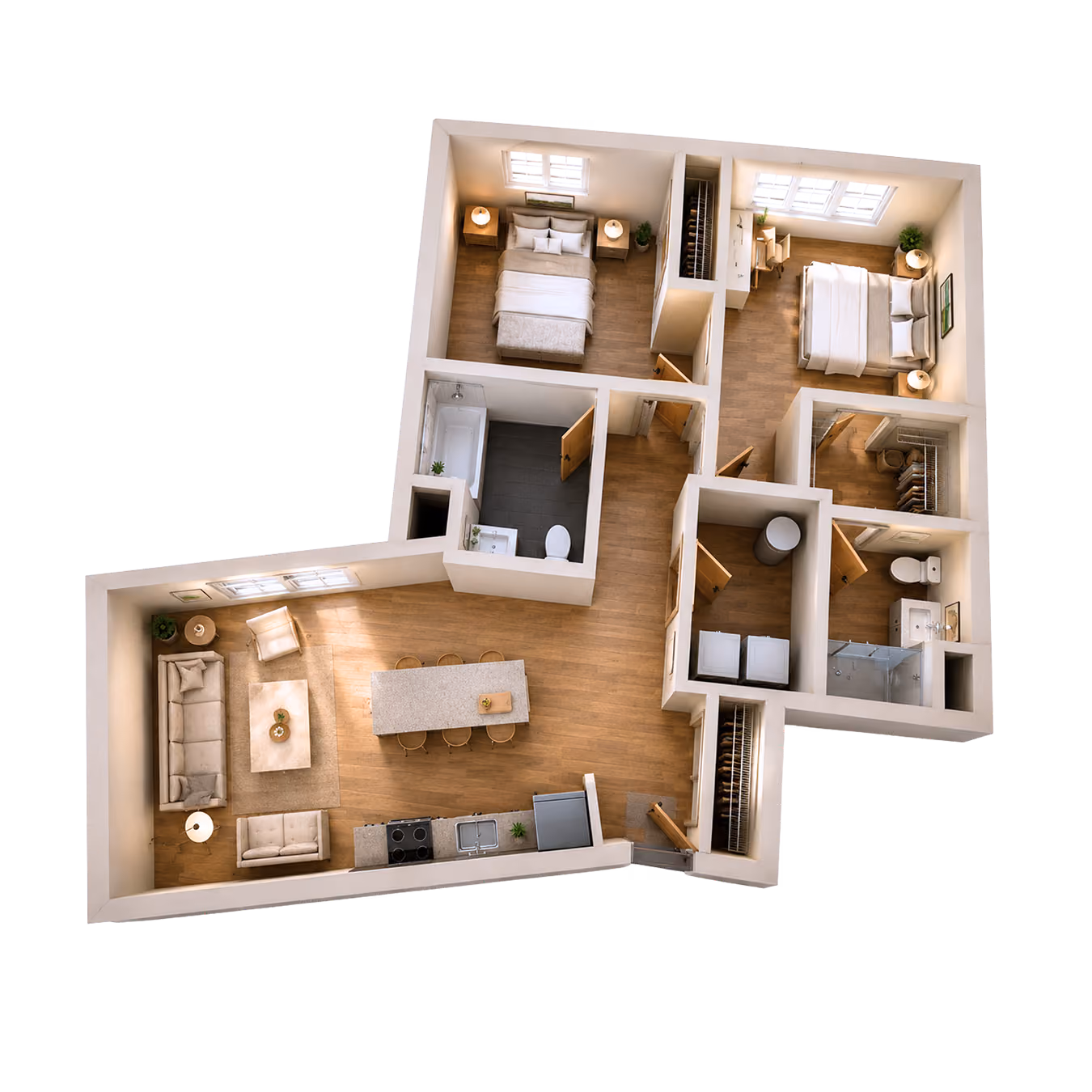 3D floor plan of two-bedroom apartment with living room, kitchen, two bathrooms, and laundry area.