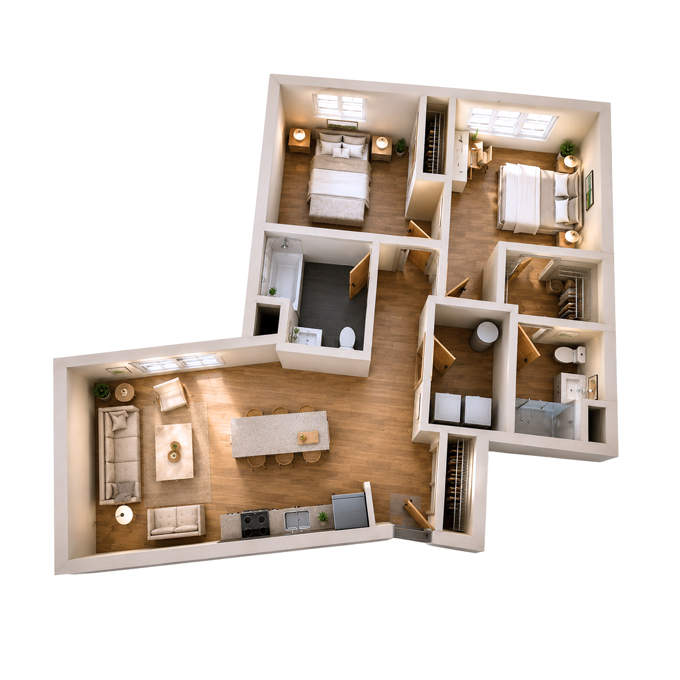 3D floor plan of two-bedroom apartment with living room, kitchen, two bathrooms, and laundry area.