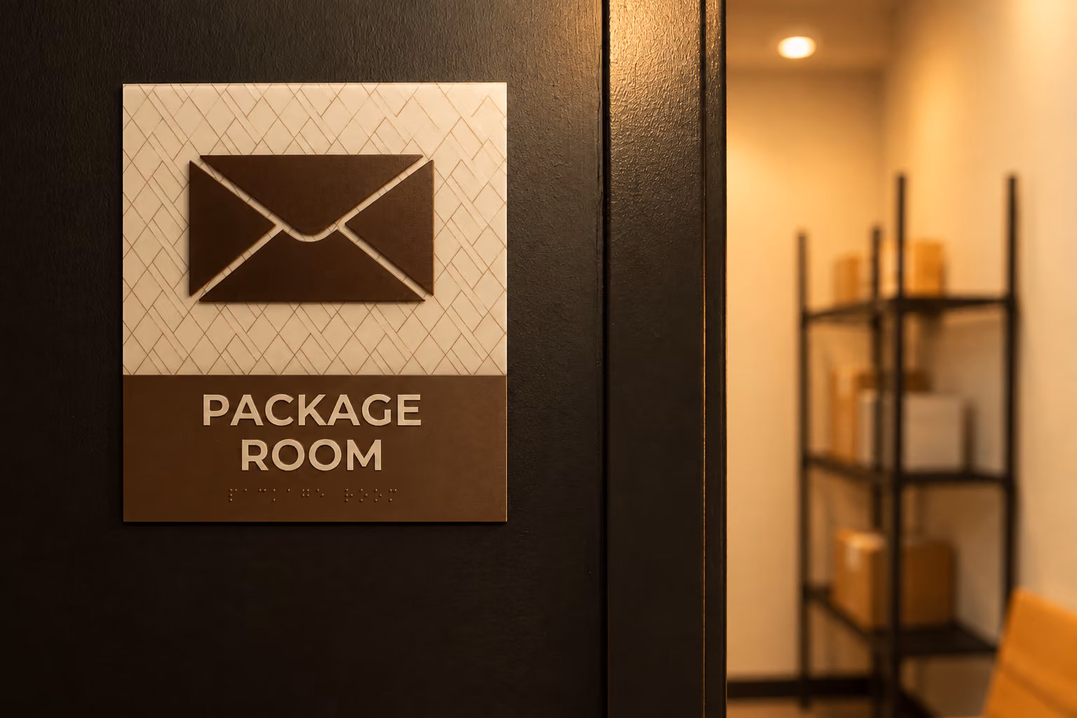 Sign reading 'PACKAGE ROOM' with an envelope icon mounted on a dark door, next to a shelving unit holding multiple packages in a well-lit room.