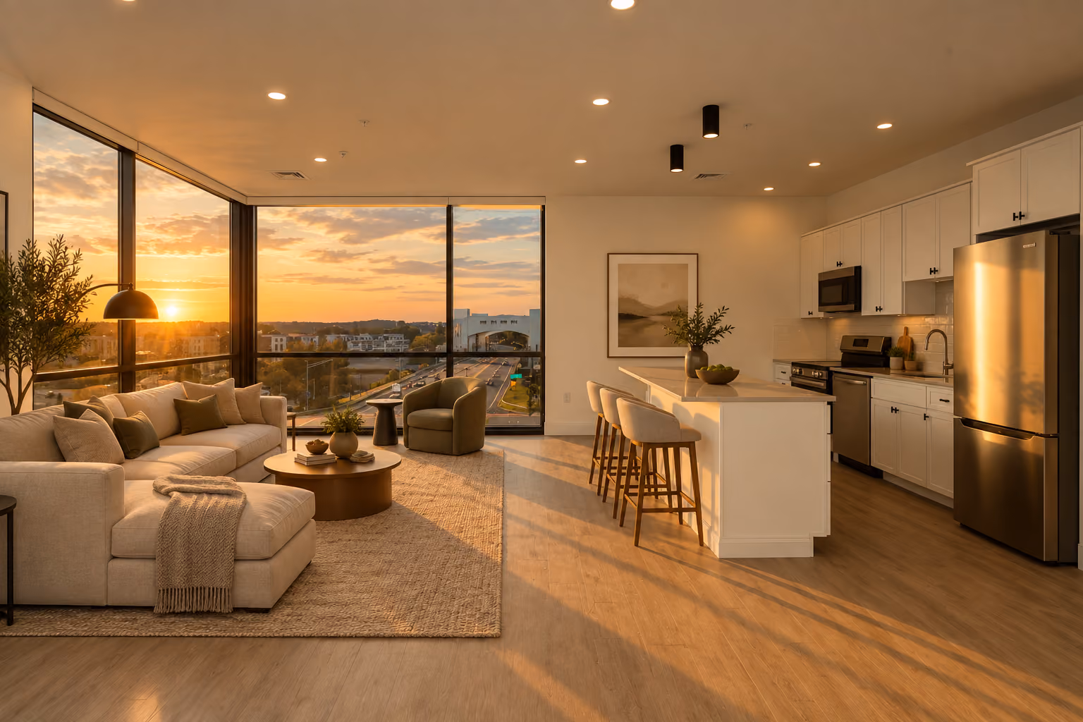Modern kitchen with white cabinets, stainless steel appliances, a large dark countertop island with a plant and bowl of green apples, and a beige sectional sofa.