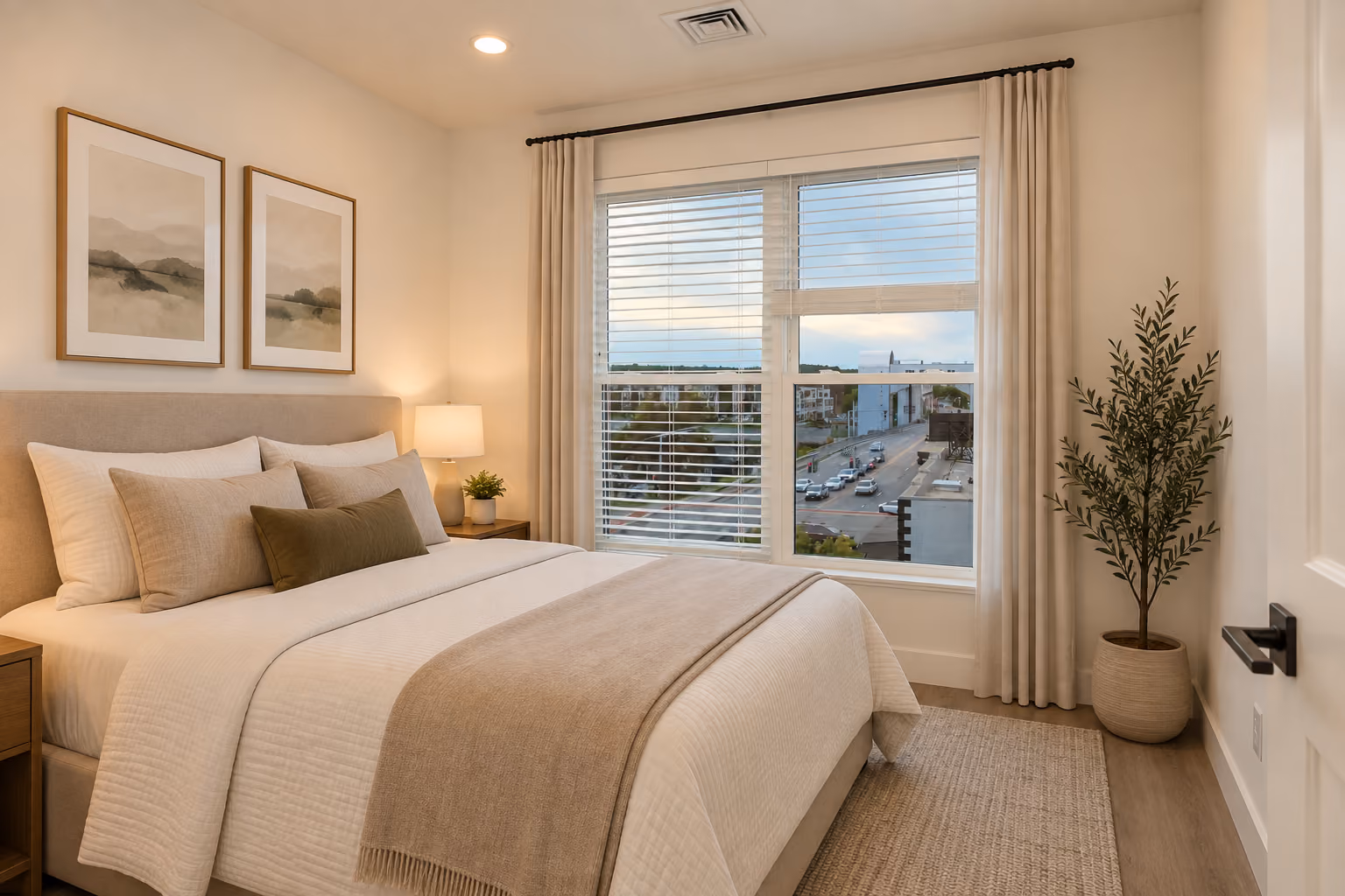 Modern bedroom with a beige and gray bed, two white nightstands with black lamps, abstract wall art, a large potted plant, and a balcony window showing trees outside.