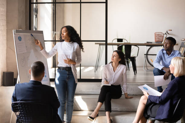 Woman presenting data on a flip chart to a diverse group of colleagues in a modern office.