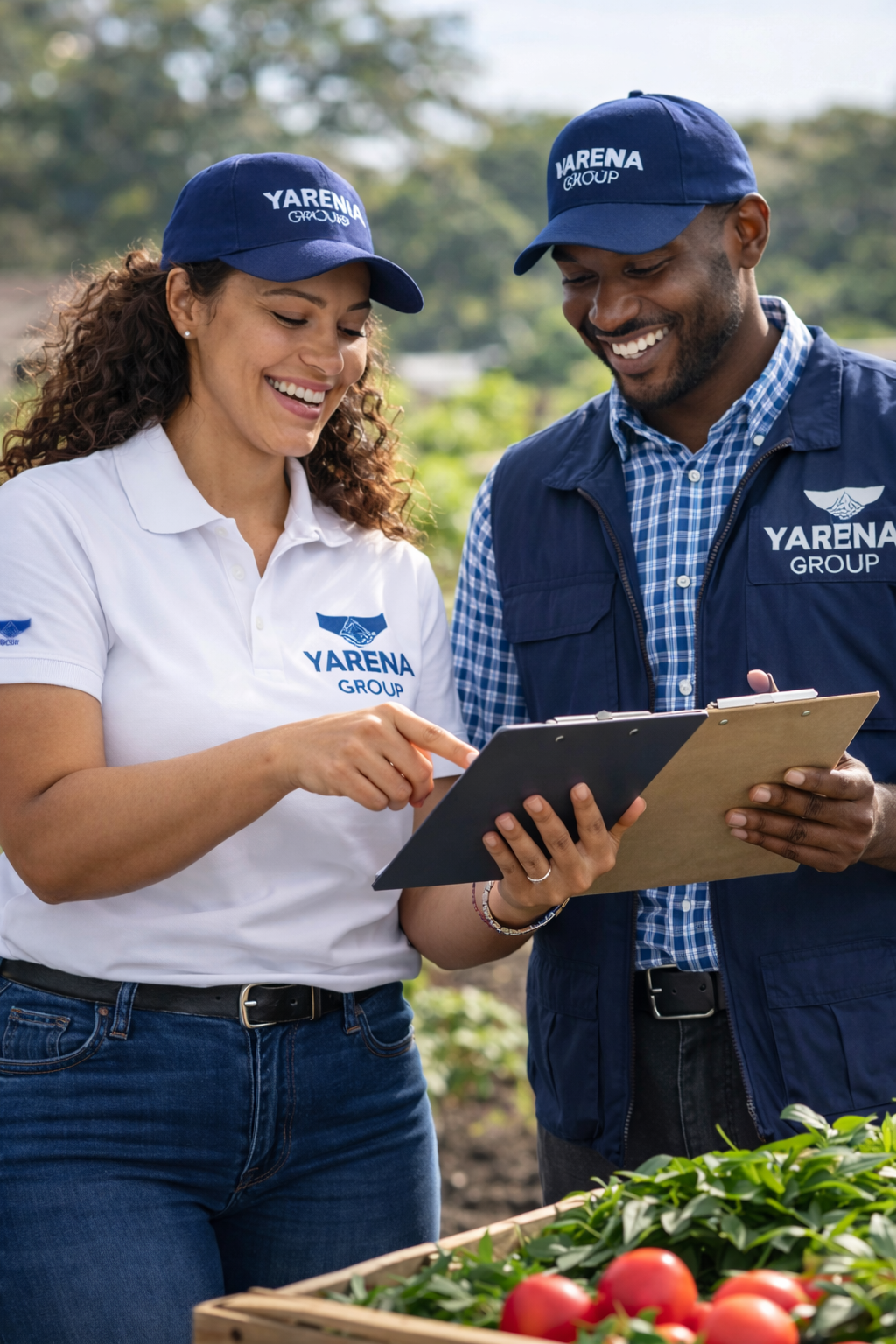 Two smiling Yarena Group employees outdoors reviewing a clipboard near fresh tomatoes and greens.