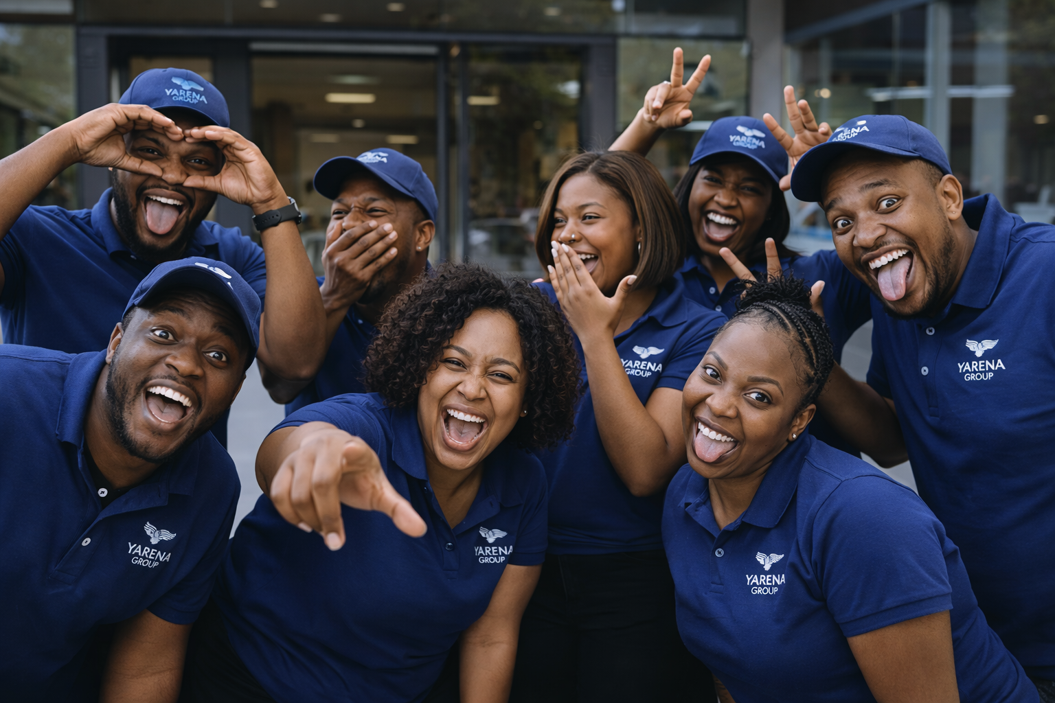Group of eight people in blue Yarena Group shirts and caps laughing and making playful gestures outside a building.