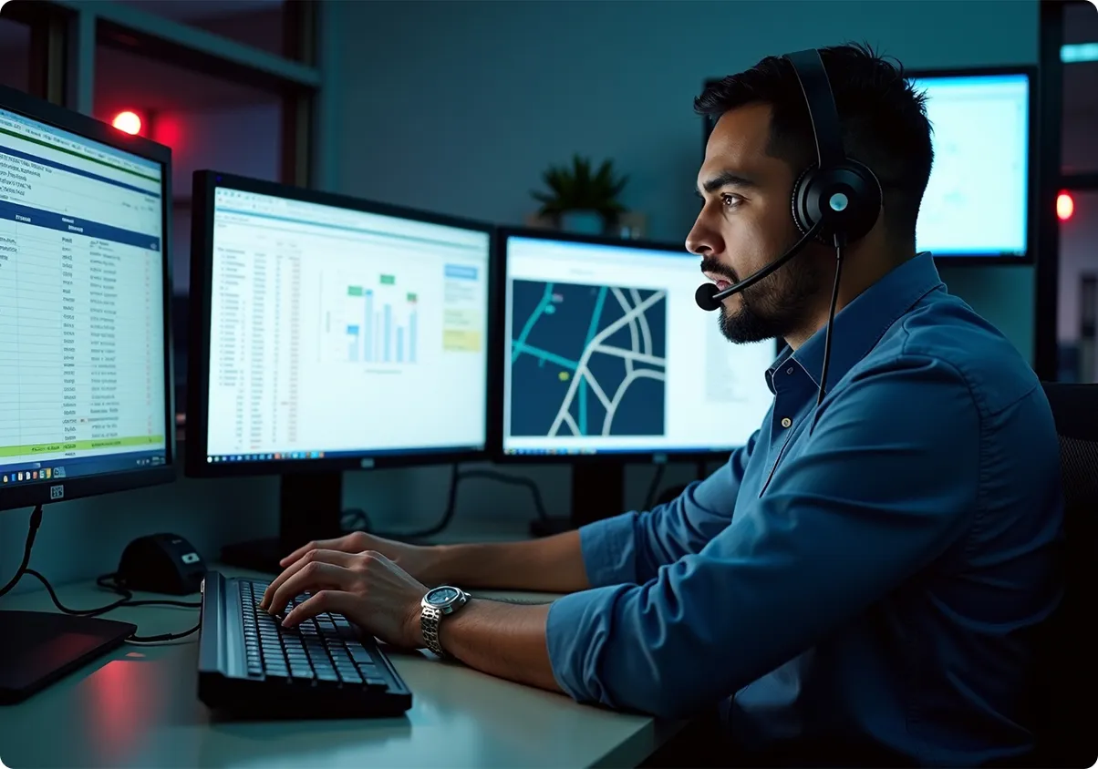Man wearing headset working on a computer with multiple monitors displaying data and maps in a dark office.