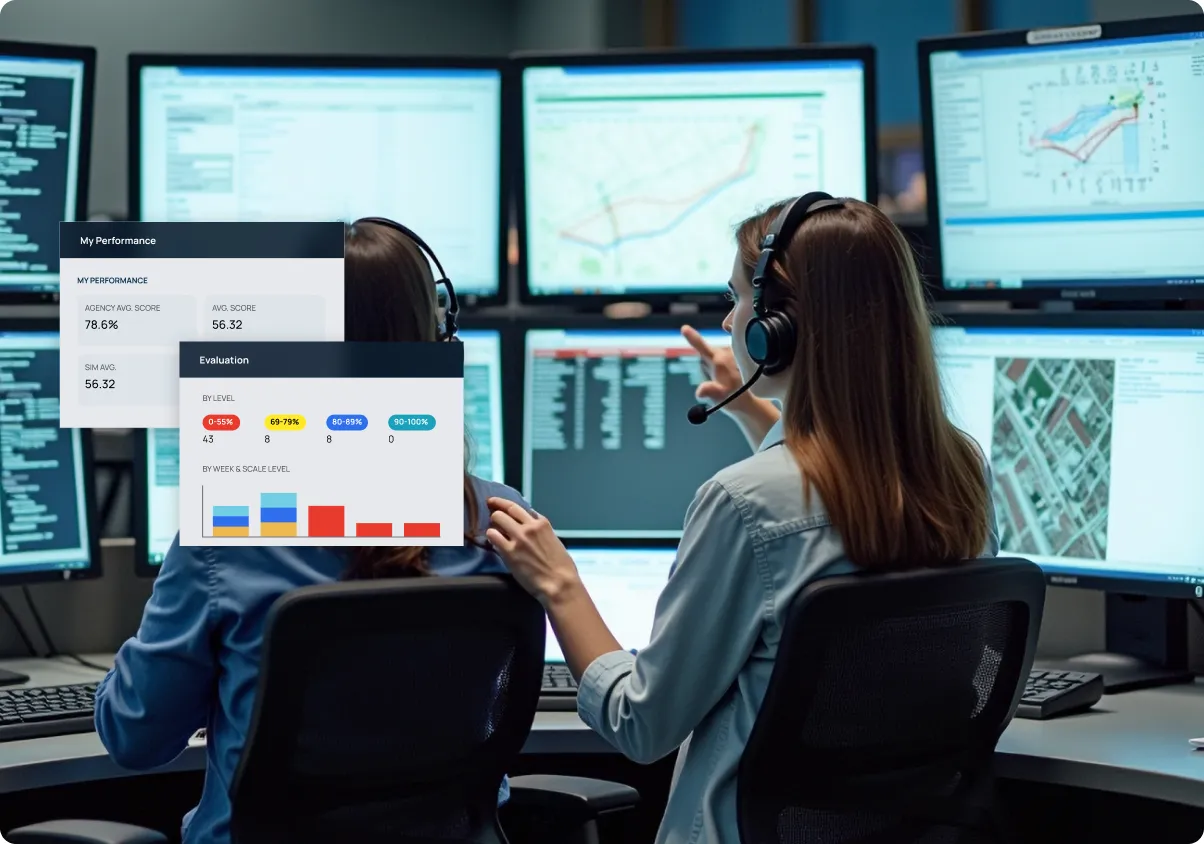 Two women wearing headsets working at desks with multiple computer monitors displaying data and maps, with performance evaluation overlays.