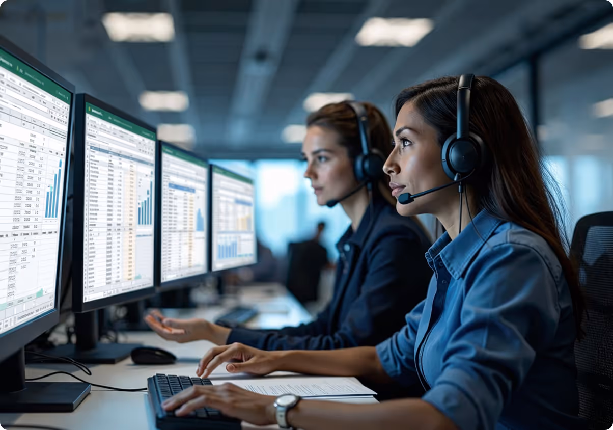 Two women wearing headsets working at computers with multiple monitors displaying data and charts in an office.
