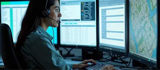 A 9-1-1 telecommunicator with a headset, taking a call at an ECC workstation