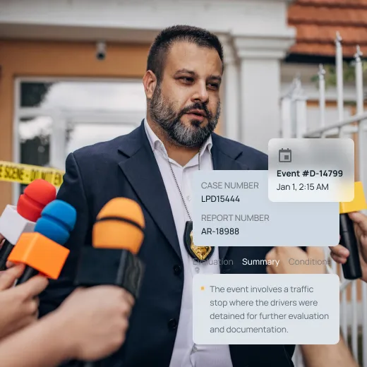 A photo of a police detective speaking to the press, with records information and case details superimposed.
