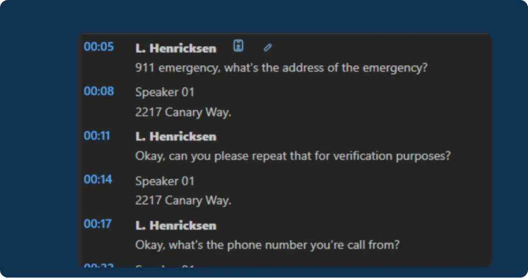 A computer screen showing automatic transcription and voice detection in an emergency call.
