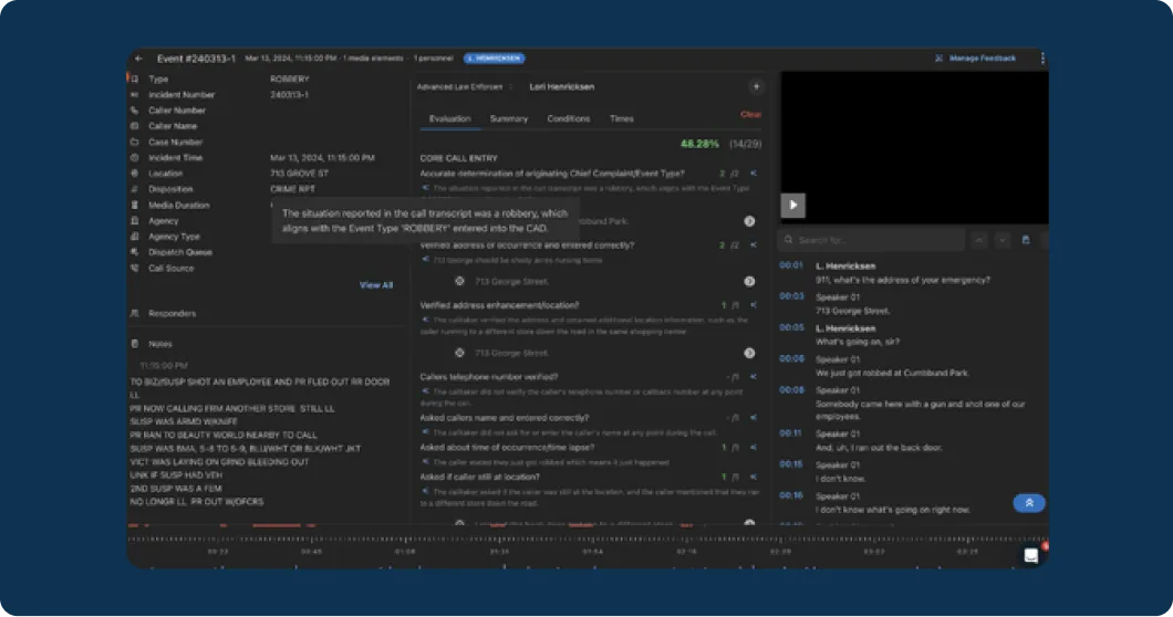 Dashboard image of a 9-1-1 dispatcher's evaluation score and summary.