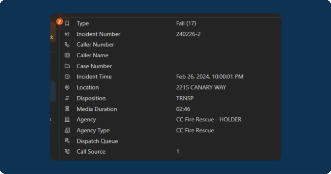 A screenshot showing CAD data automatically matched to its corresponding call transcript.