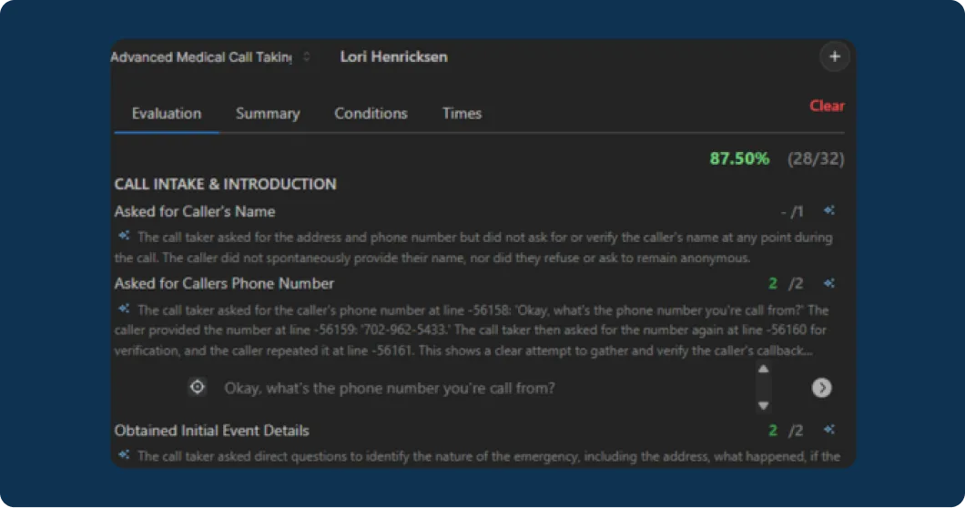 A screenshot showing combined call transcript, CAD data, and QA results in a single dashboard.