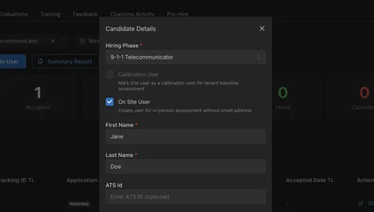 A screenshot showing 911  dispatcher candidate names being added to a testing location.