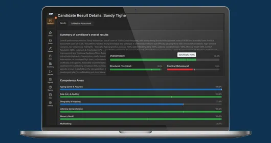 A laptop screen showing an in-depth dashboard evaluation of a 911 candidate's skills assessment.