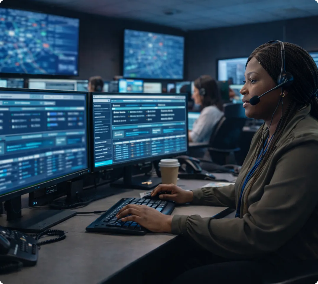 An emergency dispatcher using adaptive questioning and policy guidance during a call.