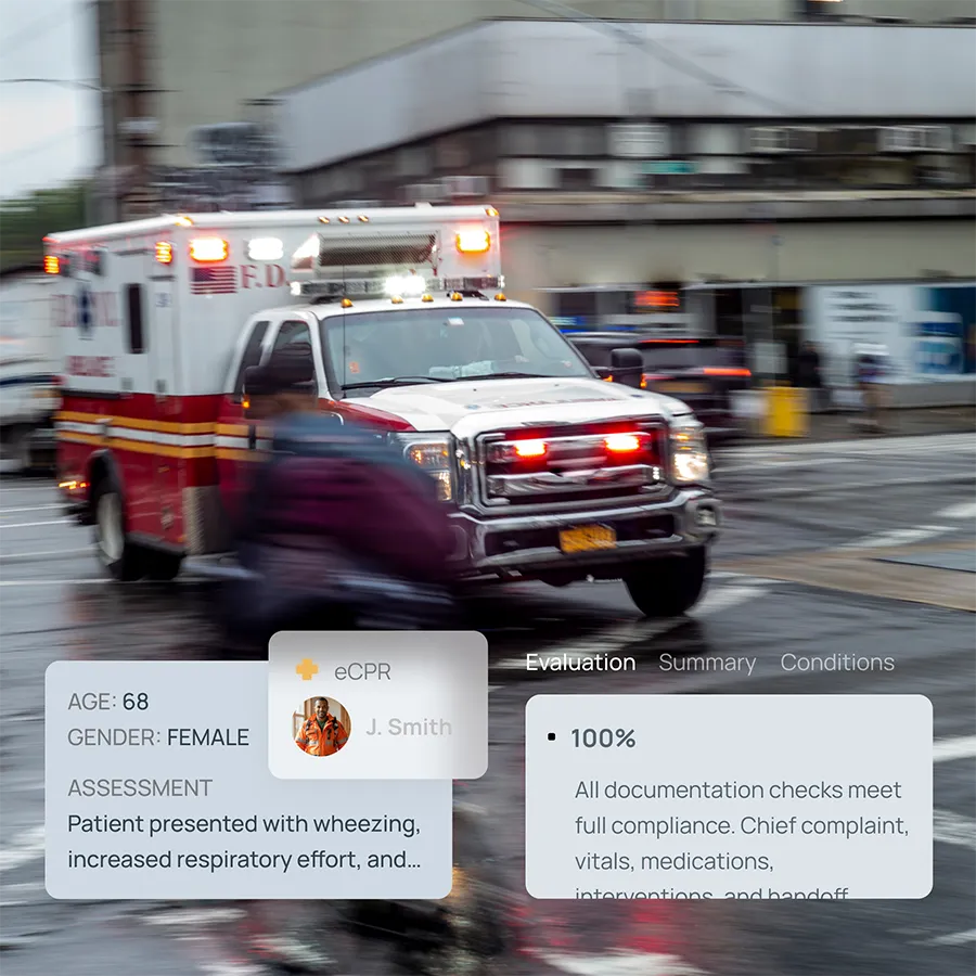An ambulance surrounded by electronic patient care reports.