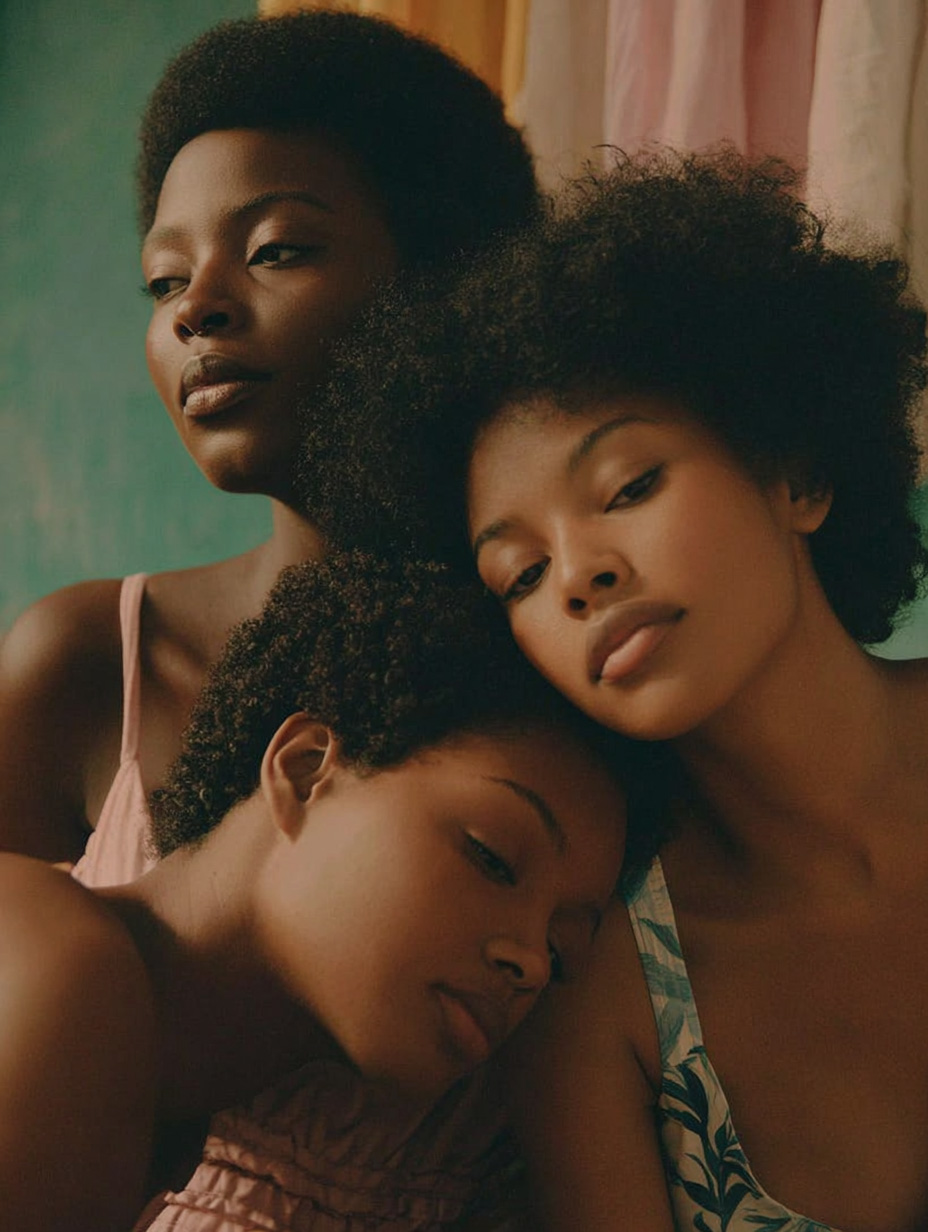 Porträt von drei jungen Frauen mit Afrohaar, die eng zusammen sitzen und nachdenklich in die Ferne blicken.