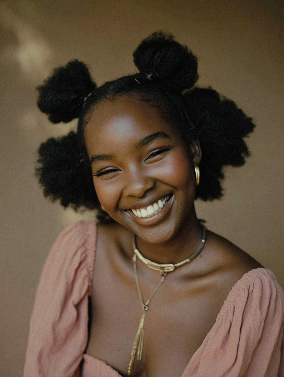 Porträt einer lächelnden Frau mit natürlichen Afro-Puffs, die eine rosafarbene Bluse und goldenen Schmuck trägt.