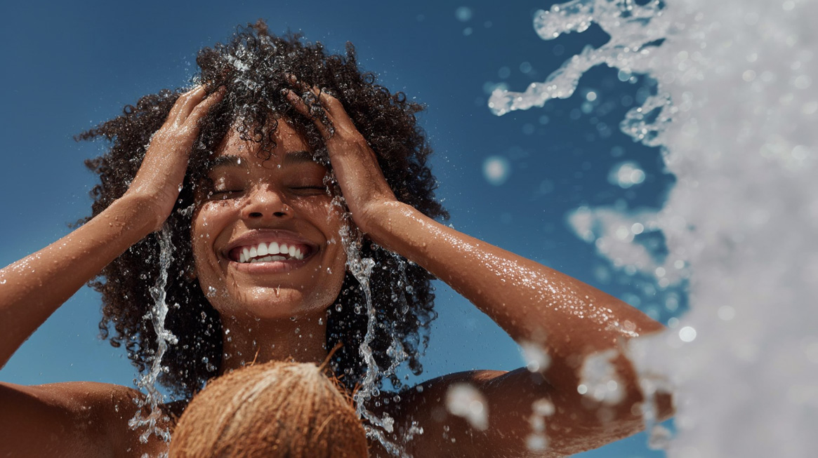 Glückliche Frau mit lockigem Haar, die Wasser über ihr Gesicht und Haare gießt vor blauem Himmel.