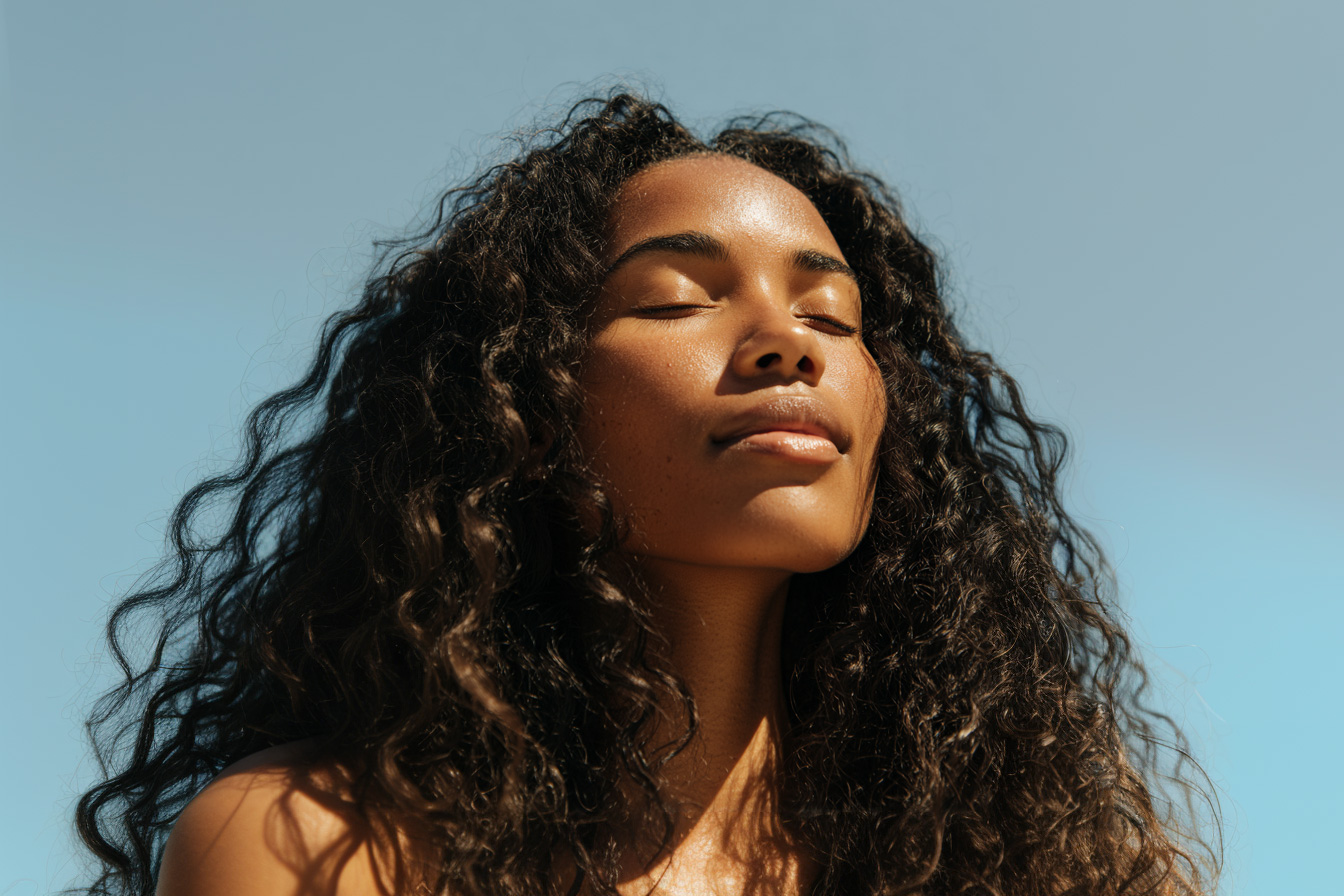 Junge Frau mit lockigem Haar genießt entspannt die Sonne mit geschlossenen Augen vor blauem Himmel.