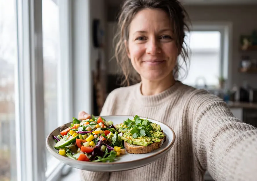 Woman in a beige sweater holding a plate with avocado toast topped with cilantro and a fresh mixed salad with tomatoes and corn.