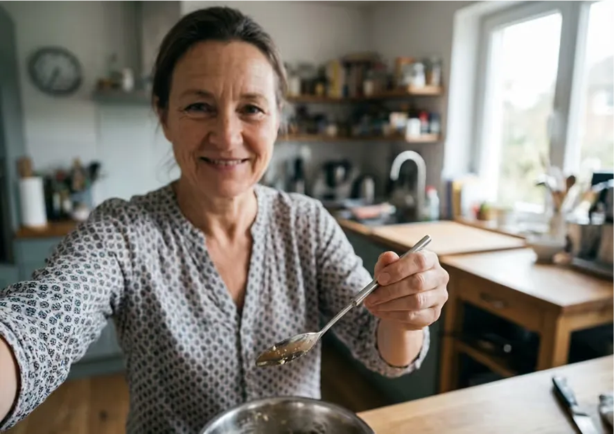 Smiling woman in a patterned shirt holding a spoon over a mixing bowl in a kitchen.