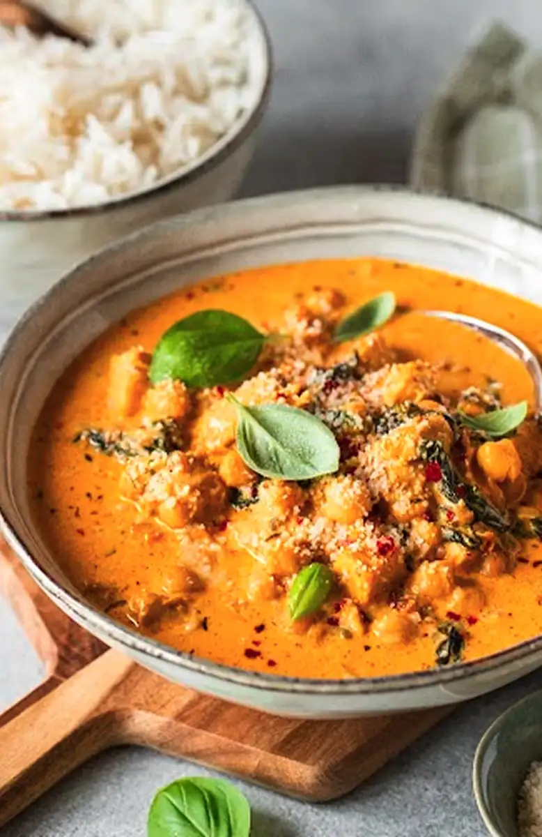 Creamy chickpea curry garnished with fresh basil leaves served in a bowl.