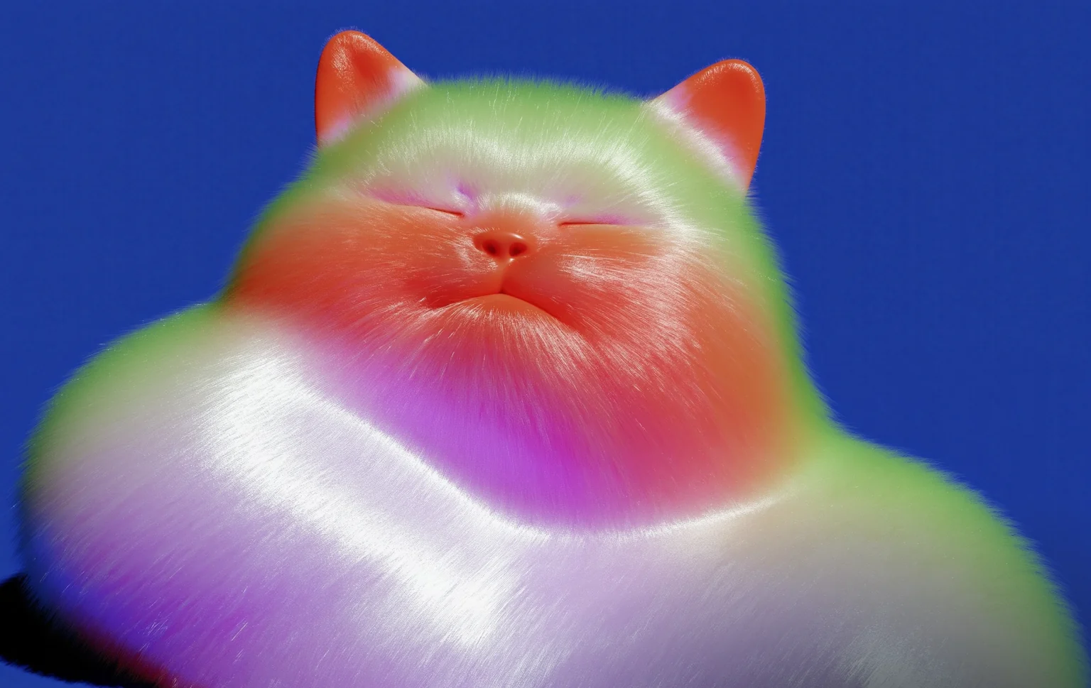 Pierre One 002, obra de Rafaela Mascaro: gato de pelos coloridos sobre fundo azul