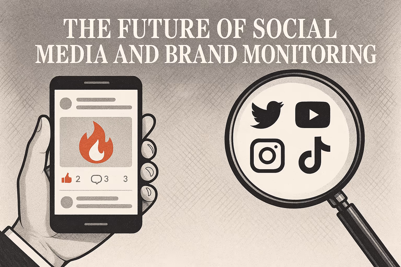  Gemini said This retro-style graphic, titled "The Future of Social Media and Brand Monitoring," illustrates the concept of tracking digital engagement and cross-platform presence.