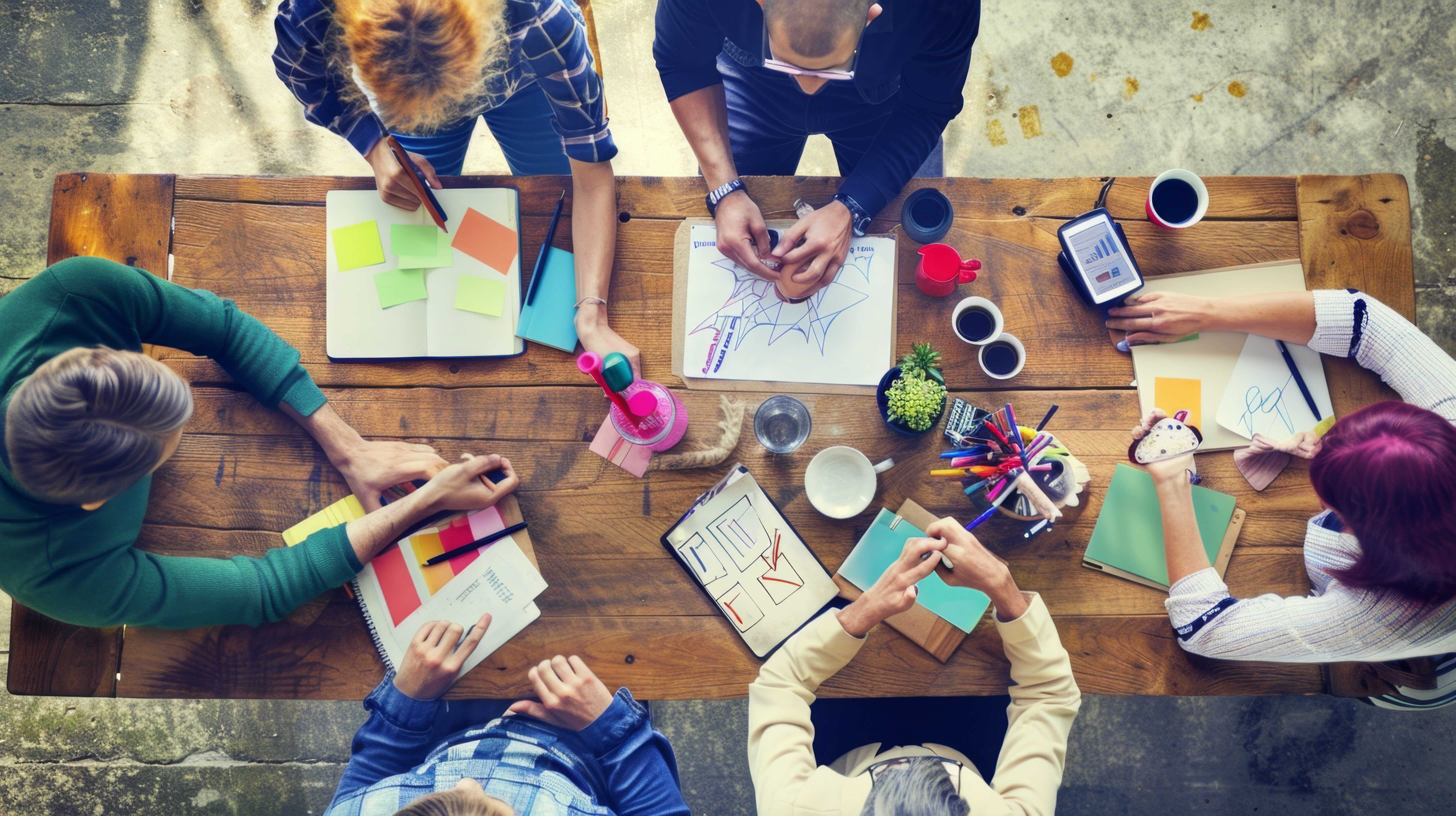 An overhead shot captures a diverse group of people engaged in a creative brainstorming session around a rustic wooden table. The scene is vibrant and cluttered with artistic tools, including notebooks, colorful pens, sticky notes, and hand-drawn sketches.