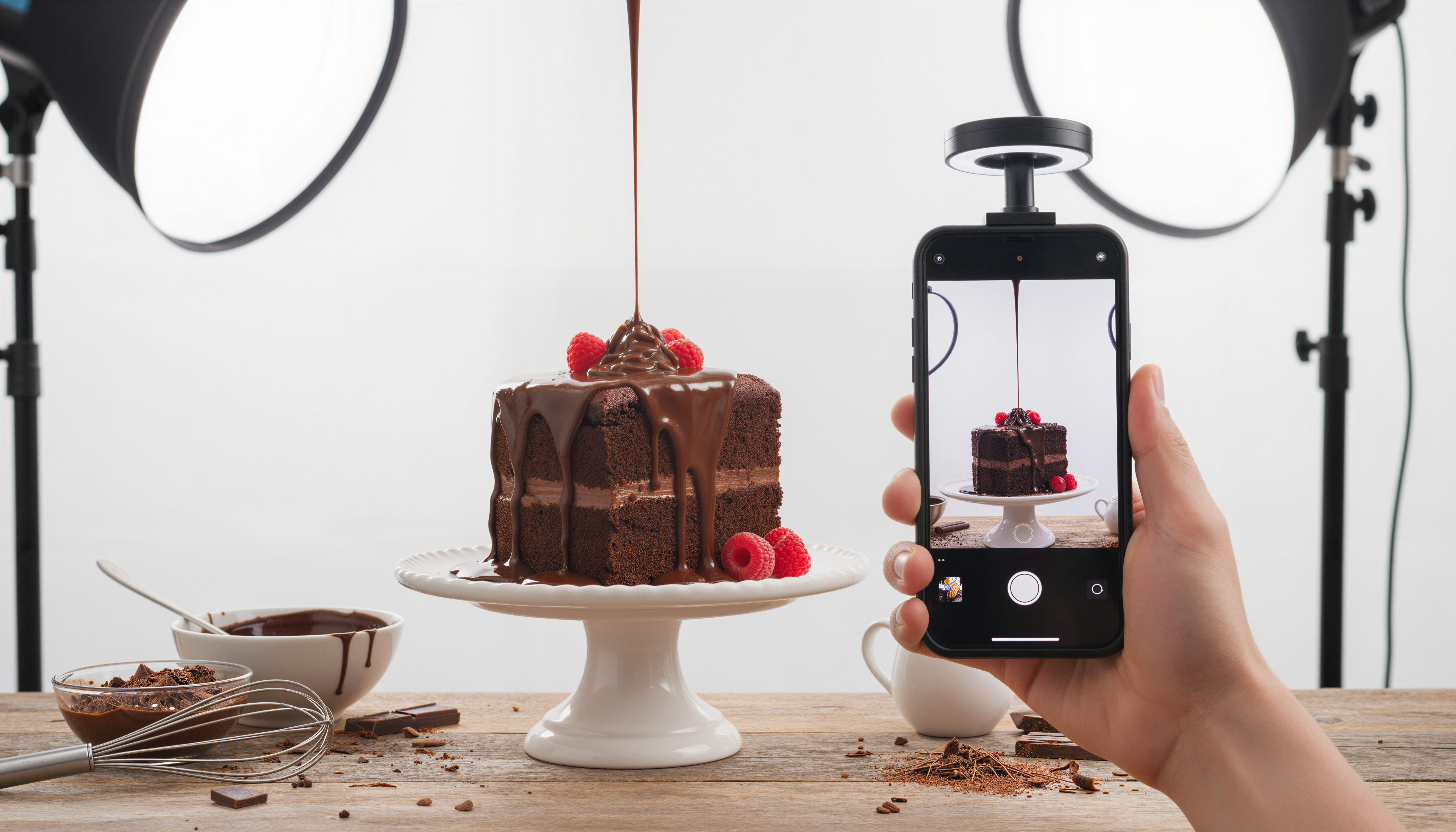 F&B Influencer live streaming a rich dark chocolate cake on a mobile phone