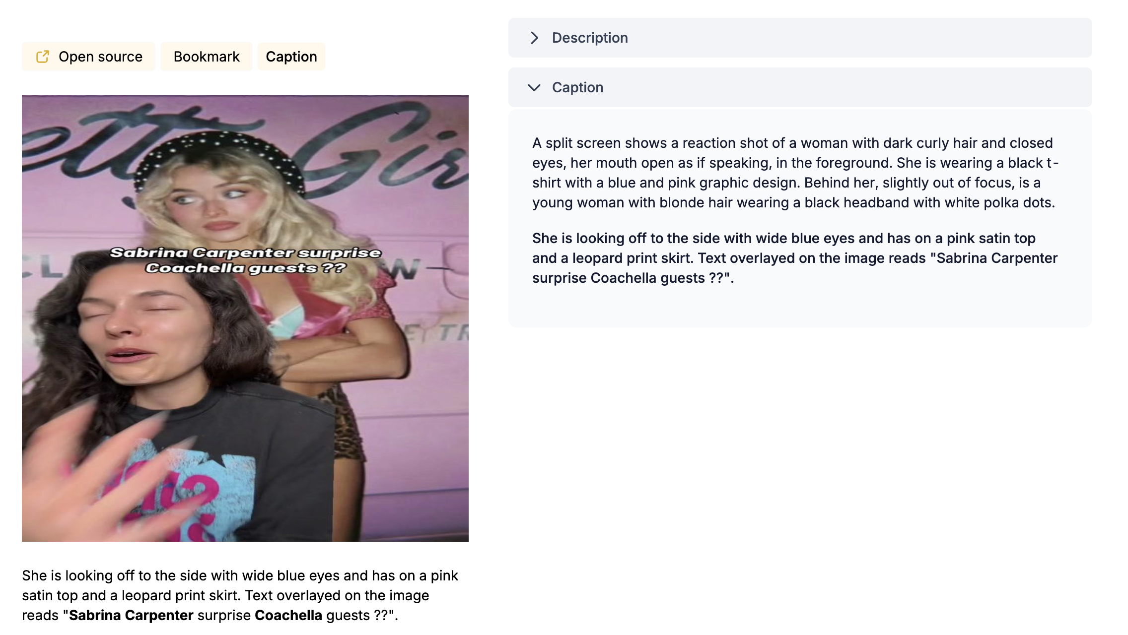 A screenshot showing Sabrina Carpenter found by Pendulum Intelligence OCR.