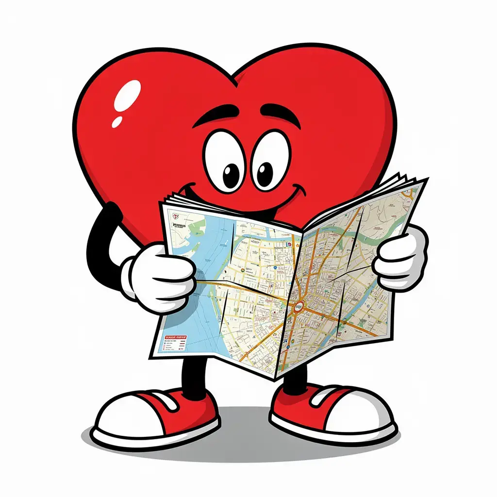 Cartoon heart character smiling while reading a folded city map