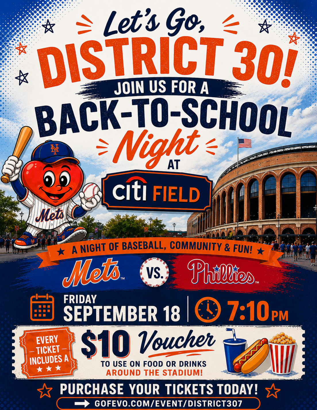 District 30 Back to School Night at Citi Field, Mets vs. Phillies, Friday September 18, 7:10 PM