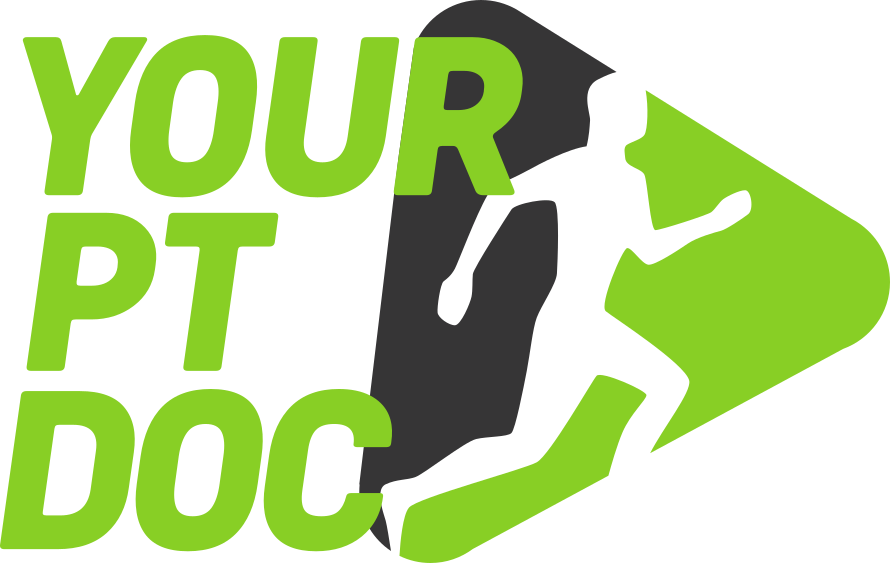 Logo with green text 'YOUR PT DOC' next to a silhouette of a running person inside a black and green right-pointing shape.