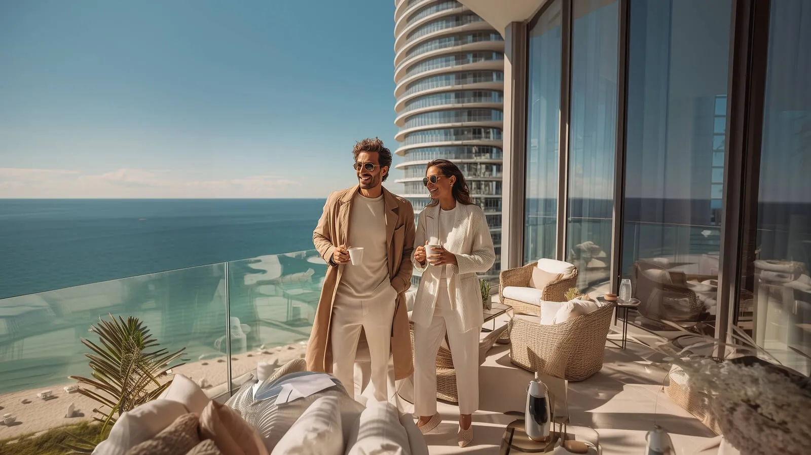 A man and woman in stylish neutral-toned outfits enjoy drinks on a modern balcony overlooking the ocean on a sunny day.
