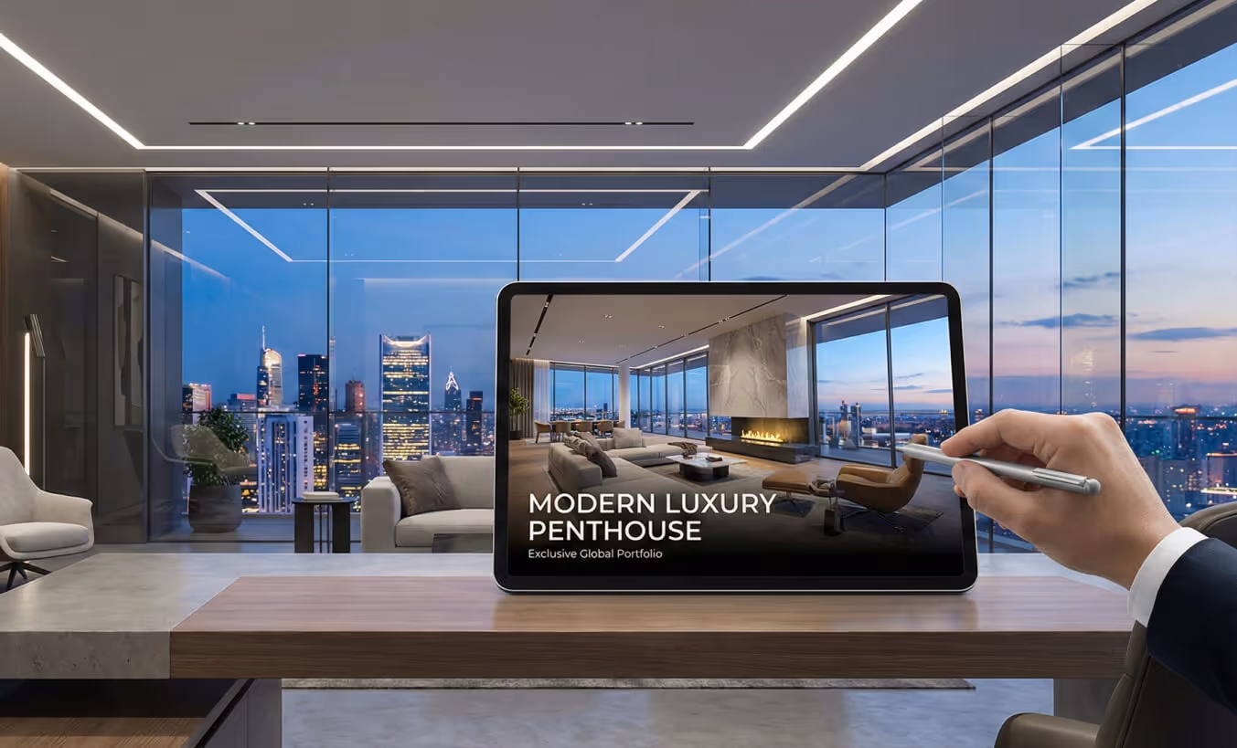 Hand holding stylus near a tablet displaying 'Modern Luxury Penthouse' inside a modern office with a city skyline at dusk visible through glass walls.