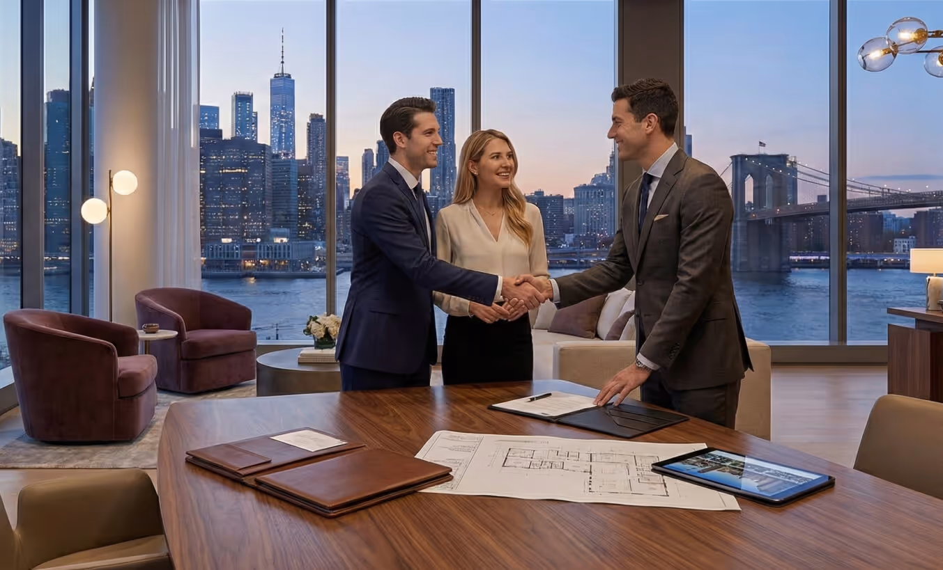 Two men in suits shaking hands with a woman smiling between them in an office with a city skyline and Brooklyn Bridge visible through large windows.