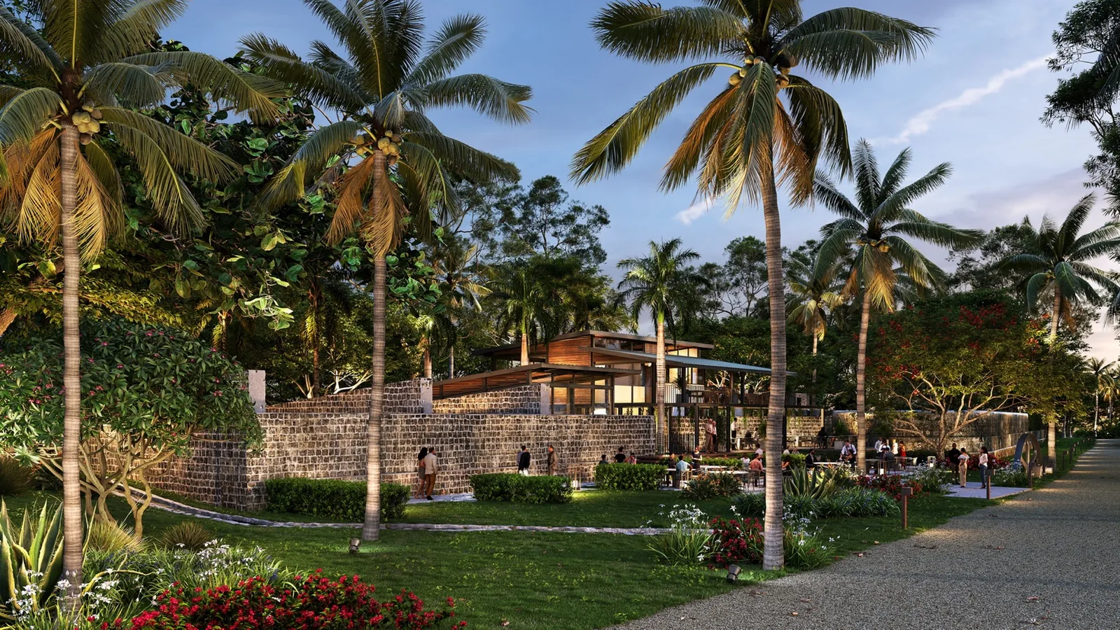 Restaurant exterior and garden terrace at dusk