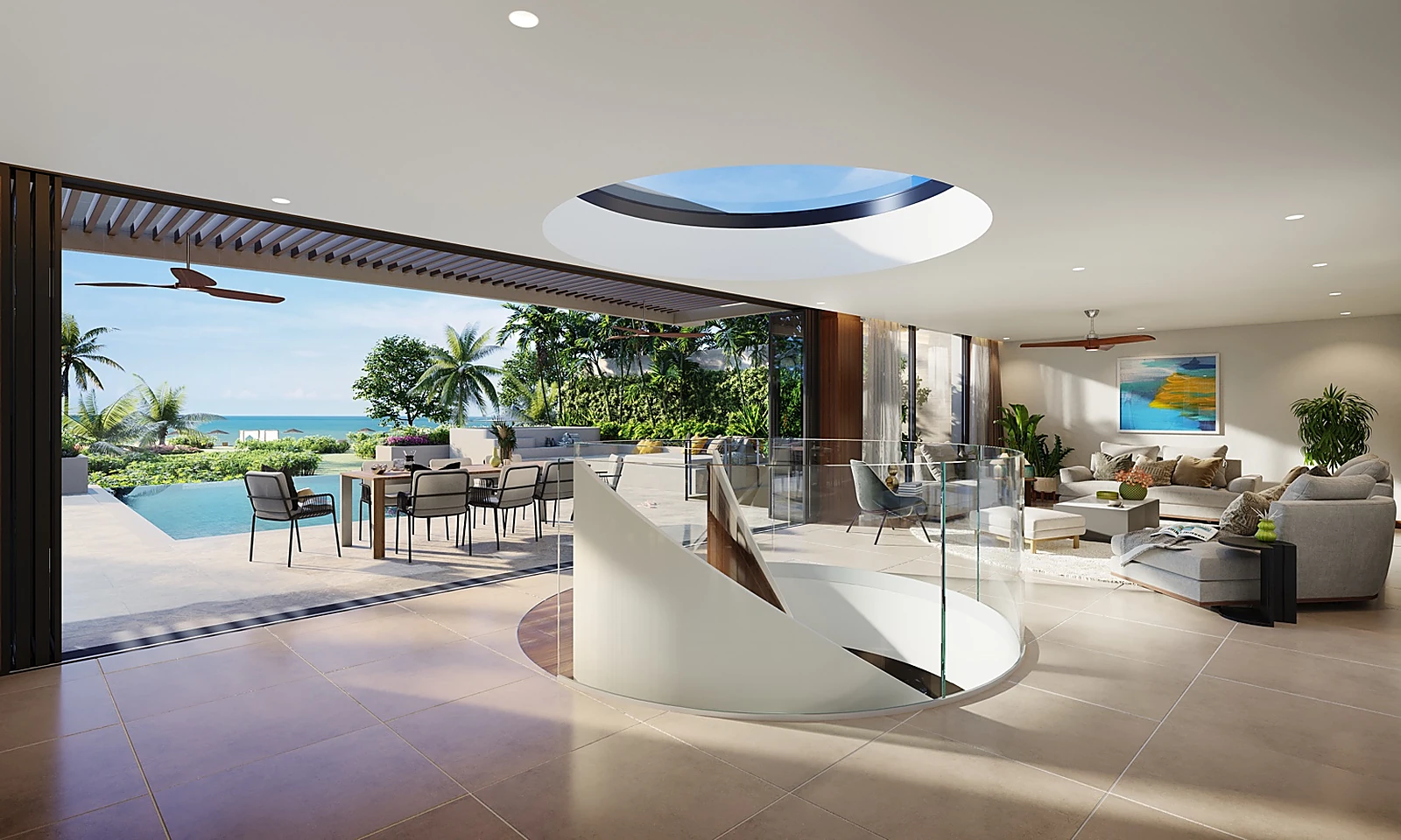 Open-plan living area with terrace and sea view