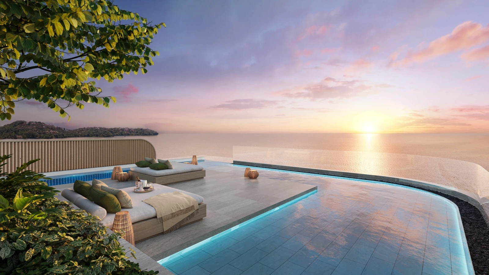 Private pool deck with sunset ocean view
