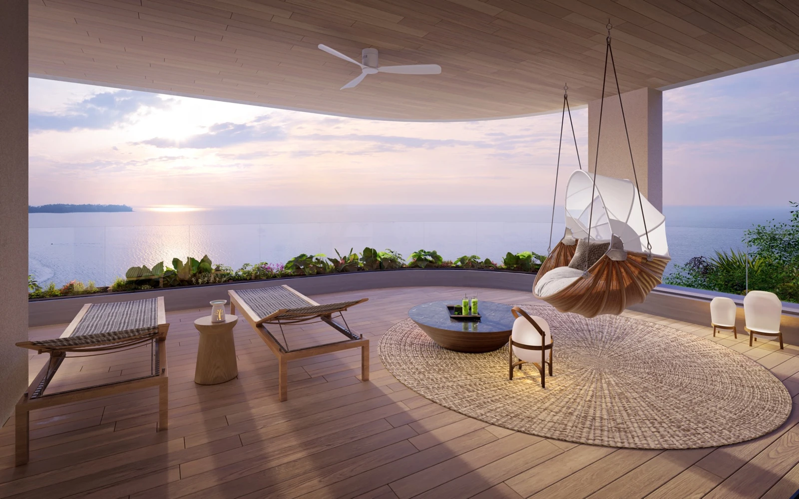 Covered terrace lounge with sunset ocean view