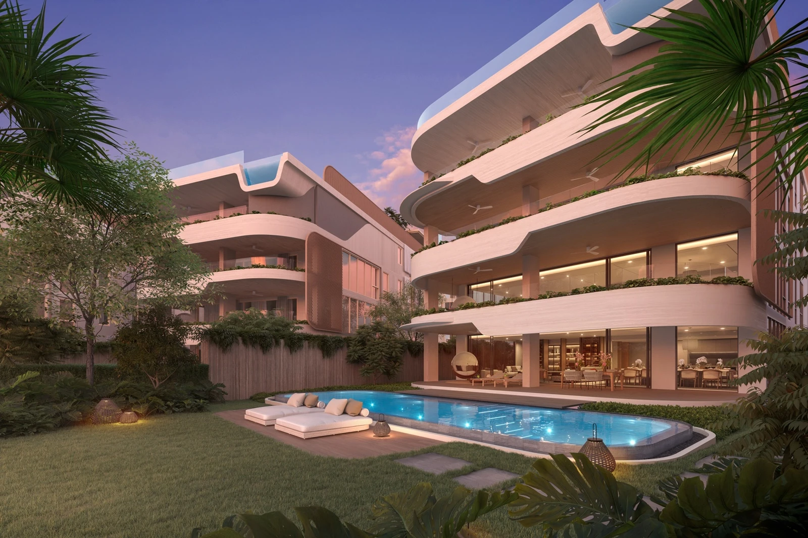 Twilight exterior courtyard with private pool and curved terraces