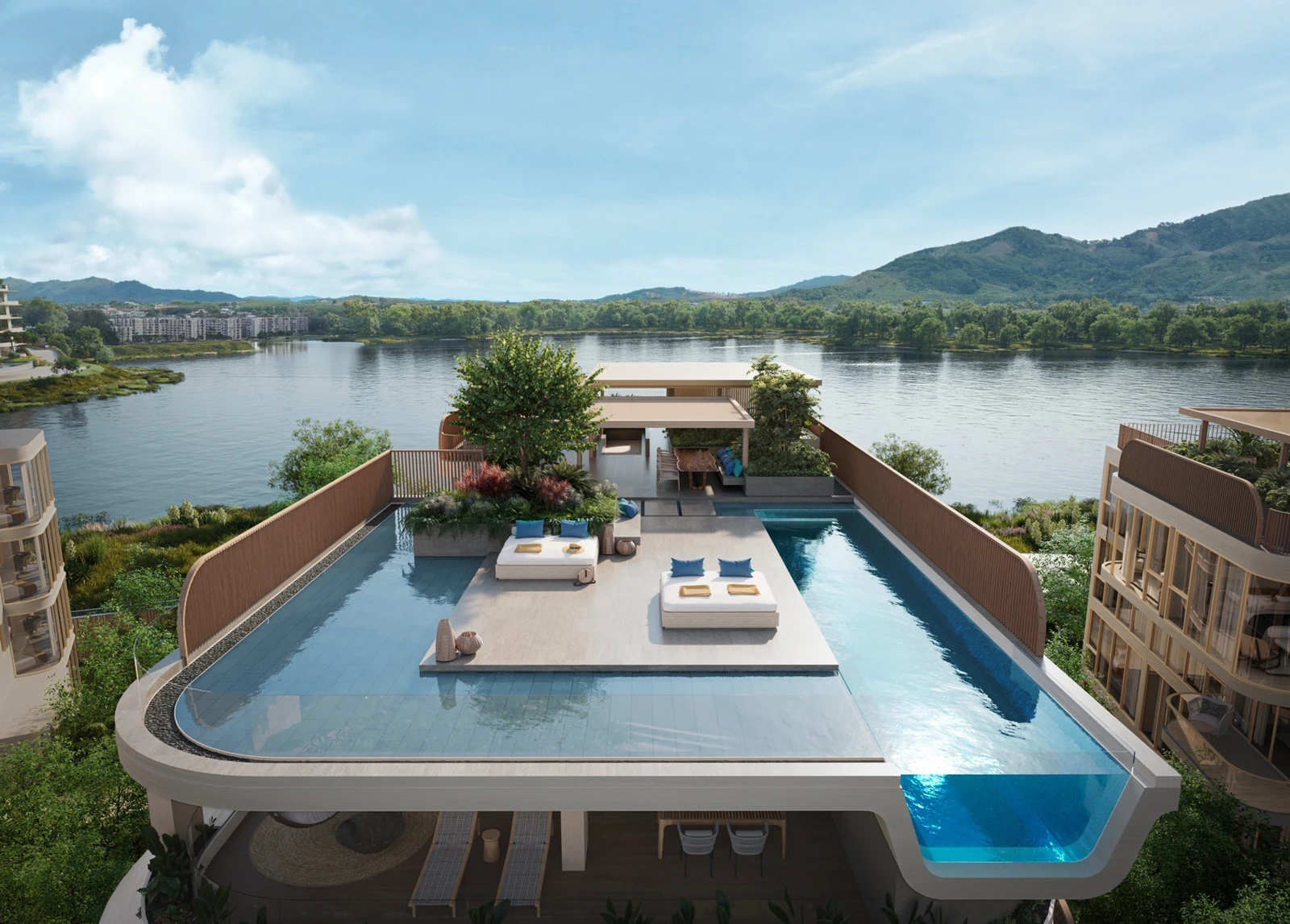 Rooftop pool terrace overlooking the lagoon and hills