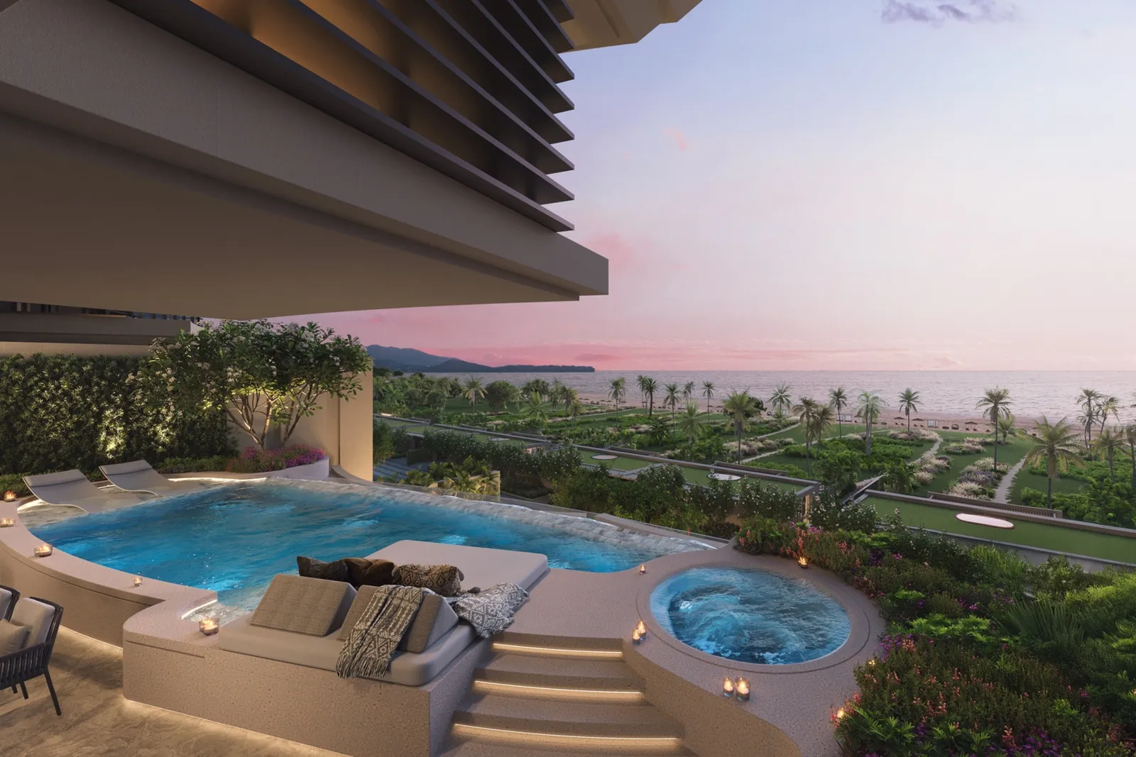 Private pool terrace overlooking beach gardens at twilight