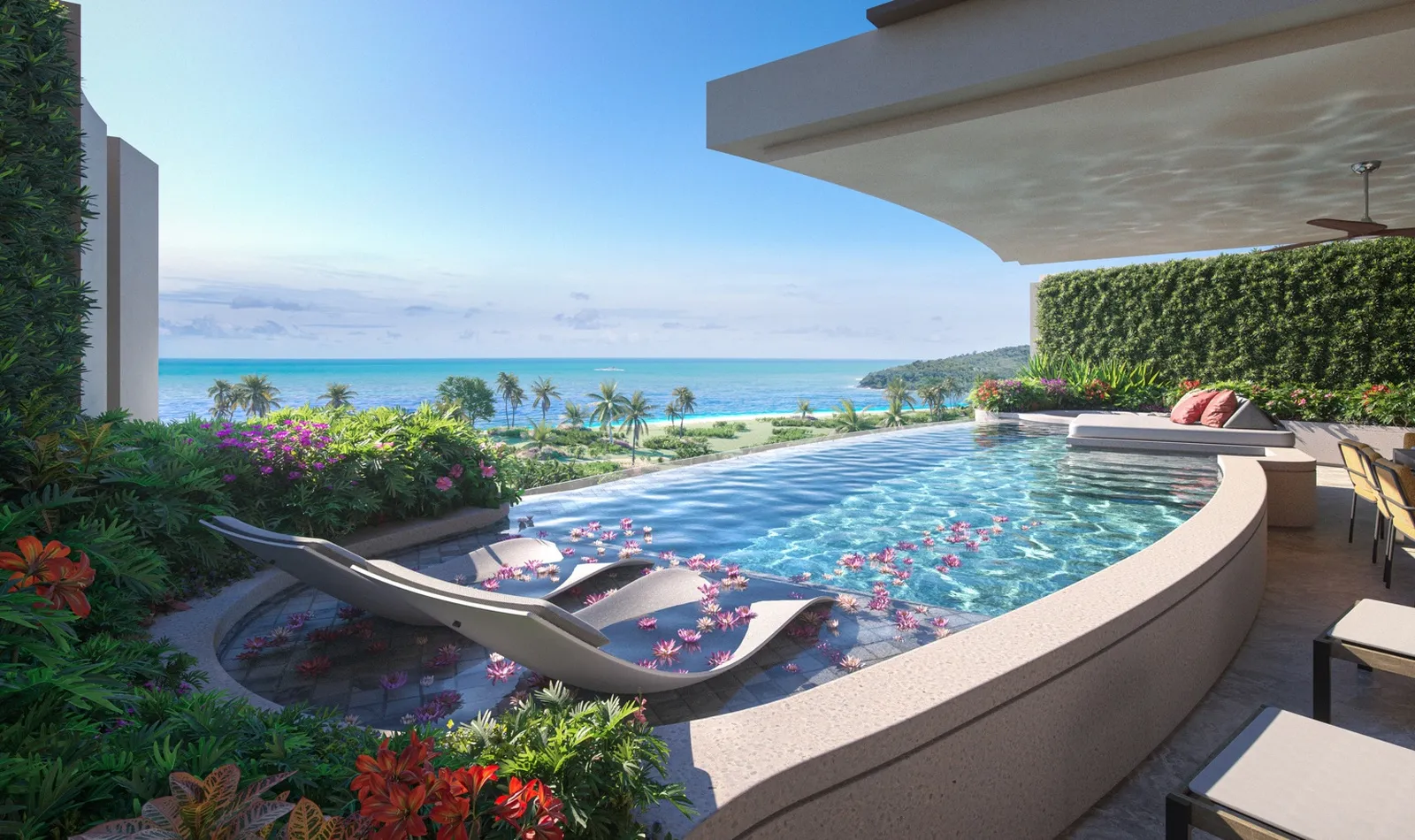 Seaview pool terrace with landscaped edge planting